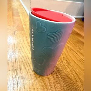 Starbucks Teal Tumbler with Red Lid and Heart Design